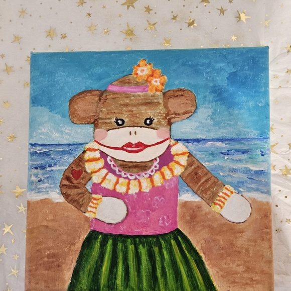 Original Art/ Acrylic Canvas/ 8in x8in/ Sock Monkey Hula - Picture 6 of 7